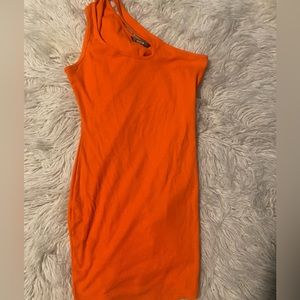 One shoulder neon orange bodycon dress